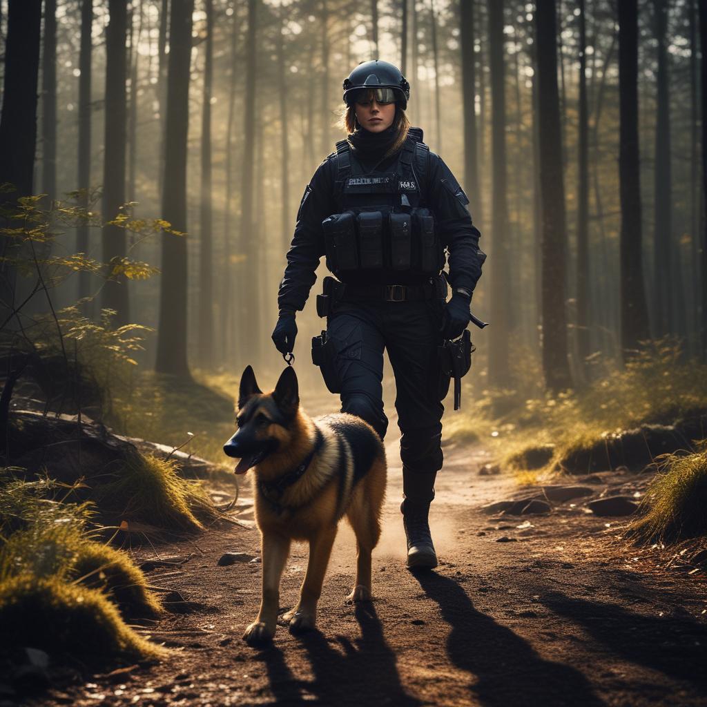 پلیس جنگی خانم با سگ ژرمن شپرد در حال اجرای ماموریت تو جنگل6