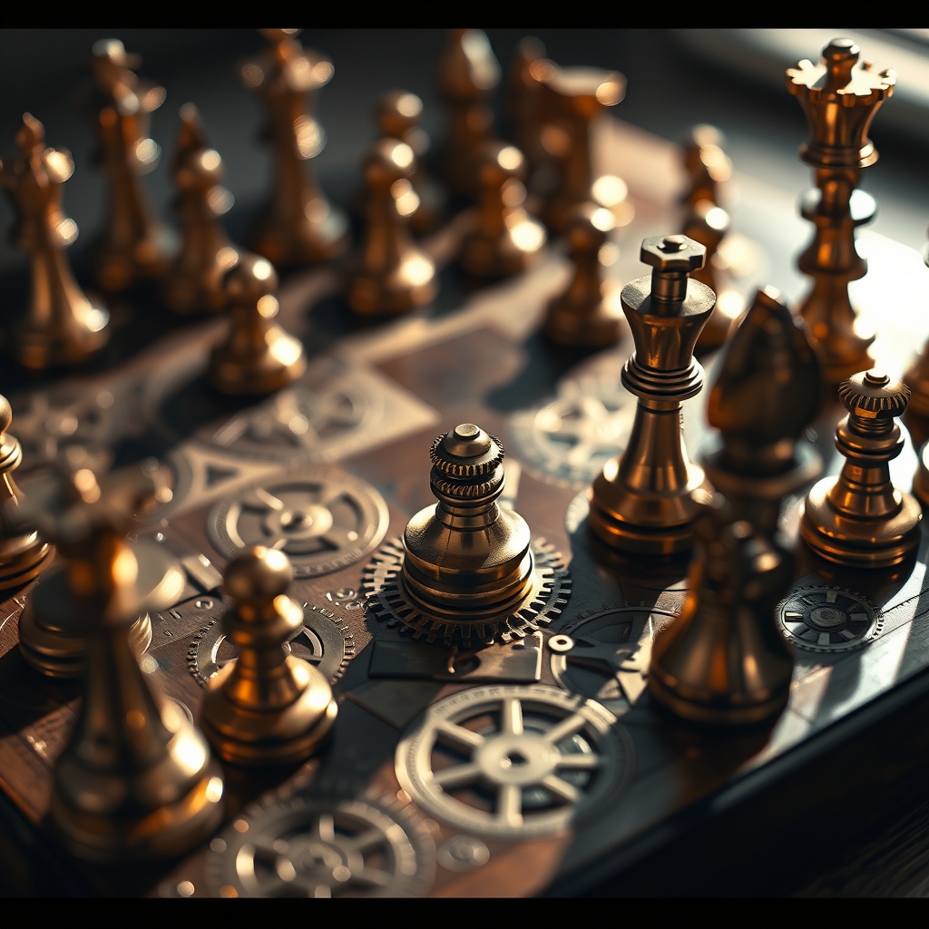 یک صفحه شطرنج به سبک استیم‌پانک با مهره‌هایی به شکل چرخ‌دنده‌ها.0