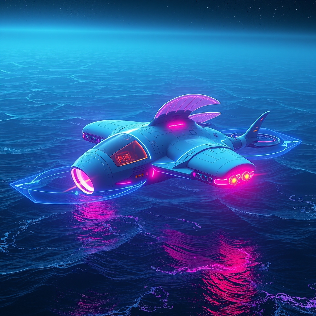 یک سفینه فضایی آینده‌نگر به شکل موجود دریایی، در حال پرواز بر فراز یک اقیانوس بیگانه.2