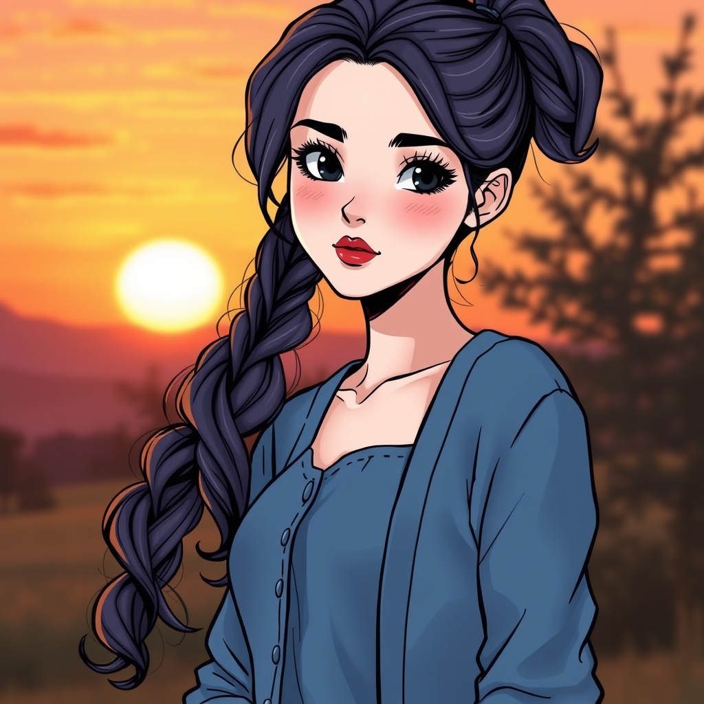 زنی جوان و زیبا،با مو های موج دار بنفش بادمجانی که آنها را دم اسبی بسته،پوست سفید،صورتی گرو و زیبا با گونه های قرمز،چشم های کشیده ی سیاه با مژه های بلند،او رژلب قرمز زده و پیراهن بلندی و زیبایی به رنگ آبی سیر پوشیده و تلی زیبا هماهنگ با پیراهن زیبایش به مو هایش زده سیاه و سفید در غروب آفتاب🌅🌅🌆🎡🎡🎠🎢🎢🎪🎪🎪🌬🌗🌈🌈🌈🌈🌈🌈🌈🌈👩🏻🦰3