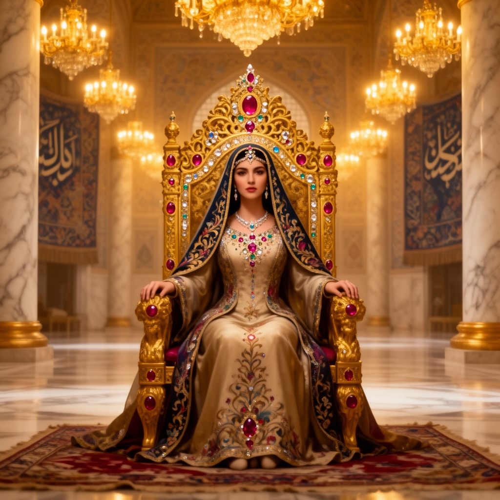 بانو همای زیبا اولین ملکه ی ایران محجبه بر روی تخت شکوهمند سلطنت2