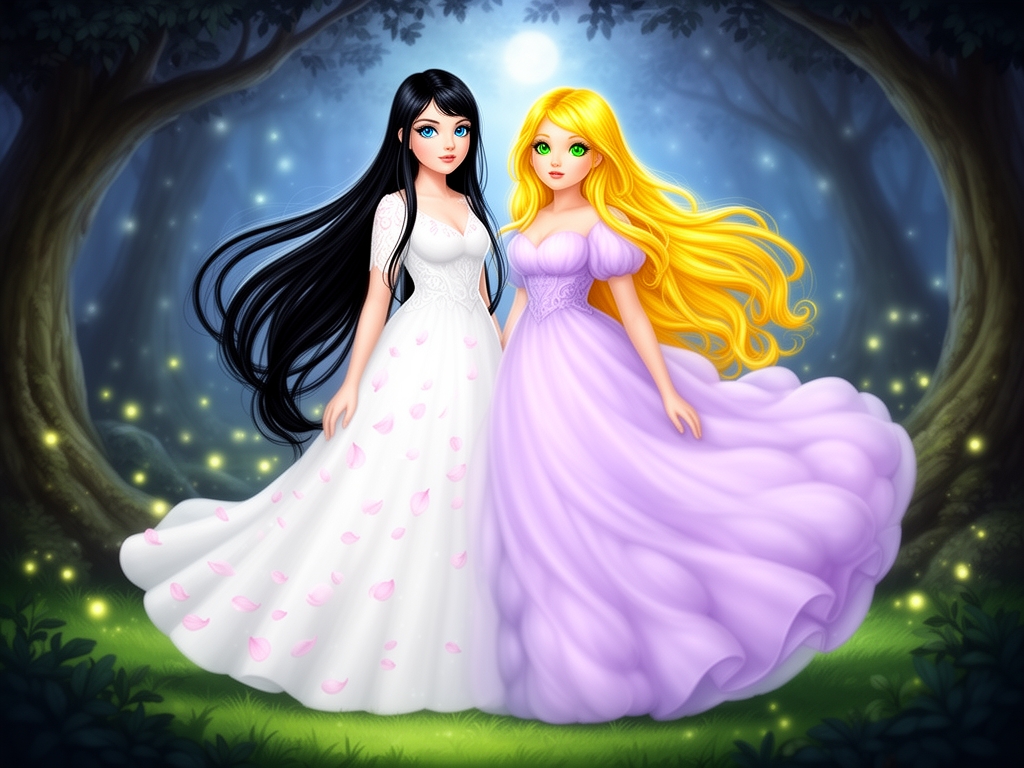 یه دختر  با موهای مشکی و چشم هایی آبی و لباسی سفید که روی آن با گلبرگ های صورتی تزئین شده و خواهرش با موهای طلایی و چشم هایی سبز با لباسی پف دار2