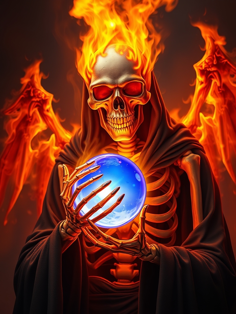 یک اسکلت آتشین که گوی شیشه ای آبی در دست دارد و به ما نگاه میکند و لباس ازرائیل بر کرده است23