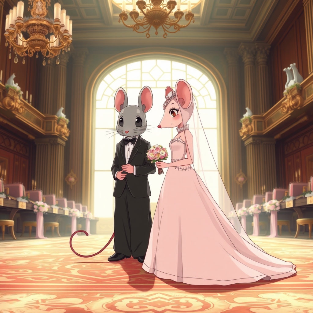 موشی که لباس عروس صورتی پوشیده و موشی که لباس دومادی پوشیده لباس دامادی مشکی است و توی تالار هستند8