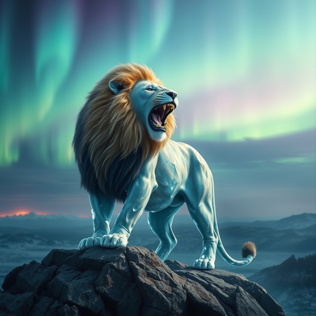 یک شیر قدرتمند با خز کریستالی‌شکل، غرش‌کنان زیر آسمانی روشن از شفق قطبی.23