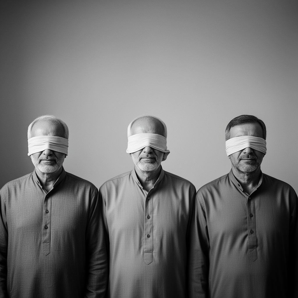 تصویر از سه مرد میانسال سیاه سفید که چشمشان با چشم بند بسته شده ایرانی باشند 2