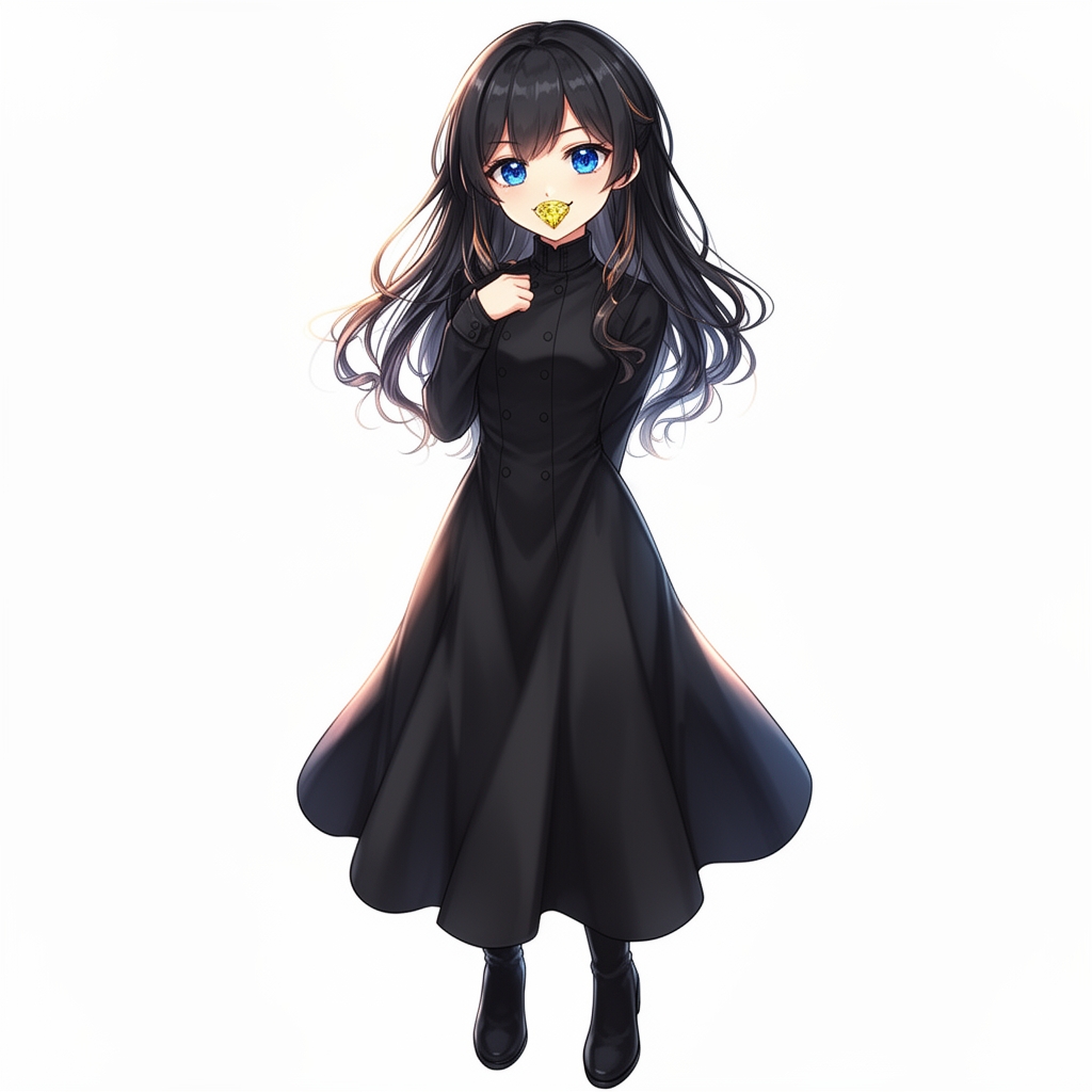 یک ختری که بر دهان خود ماسی طلایی زده و شغلی مشکی بر تن دارد و خیلی زیبا است چشمانش آبی است و شرور است ۱۵ سال دارد1