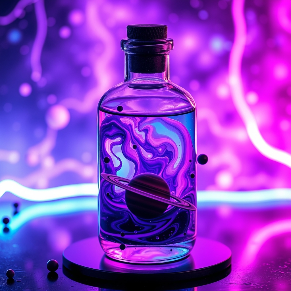 A photo of a bottle with purple and blue water inside, which is in a galactic state, and in addition to the water, there are small planets and Saturn in the bottle. 💜💙🪐💫4