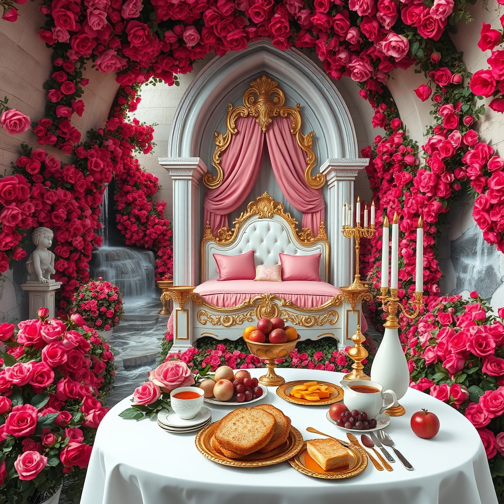 باغ گل رز سرخ و صورتی افسانه ای در و دیوار زمین همه جا سرتاپای باغ با رز سرخ و صورتی پوشیده شده
هزاران آبشار جاری اند
رودها به هم می ریزند
زیر تونل های دراز و مسقف از گل رز سرخ و صورتی
یک تخت خواب سفید طلایی سلطنتی قرون وسطایی با کوسن صورتی و شمعدان های طلا پر شمع
یک میز سفید و طلایی مجلل صبحانه
پر نان کره خامه عسل مربا شیر میوه سیب انار انگور17