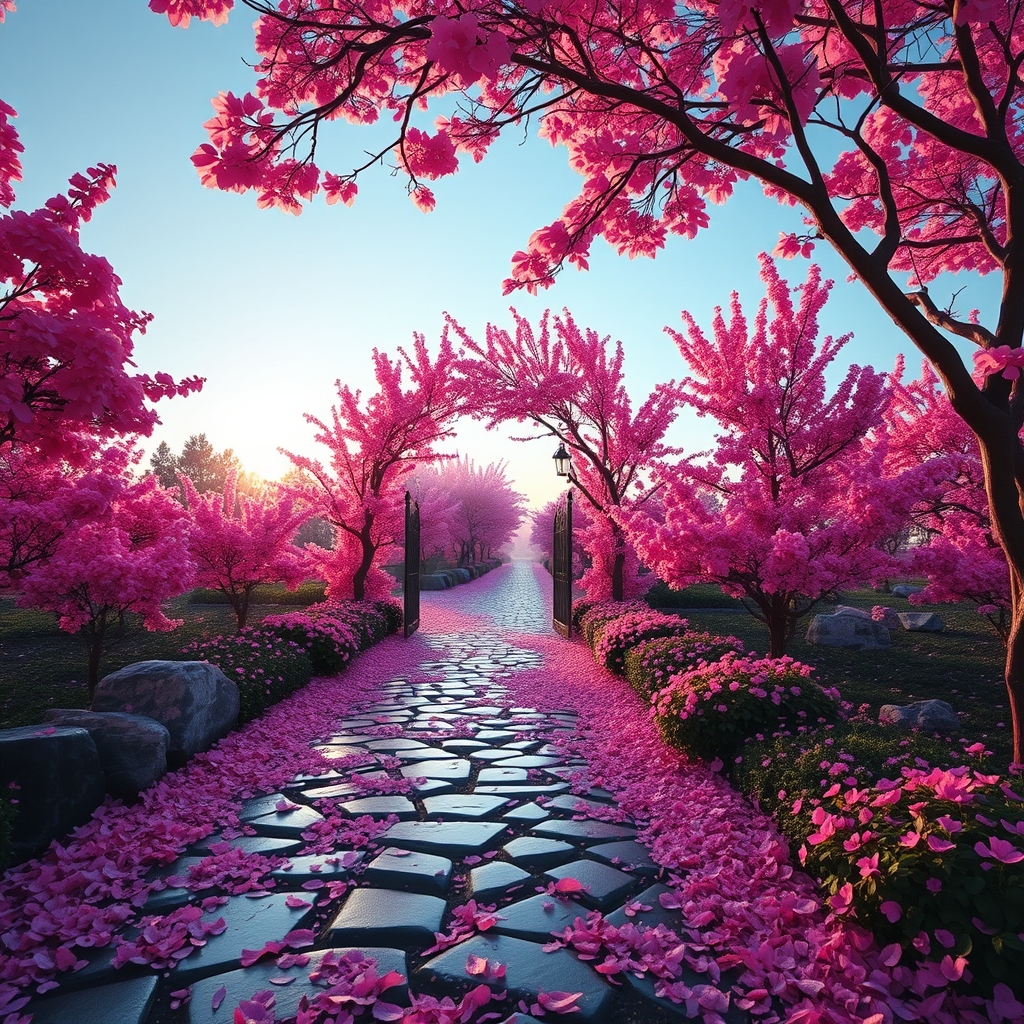 یک باغ گل صورتی رویایی که سنگ فرش شده است و سنگ فرشش خیس است و رویش برگ صورتی ریخته و با درختان صورتی دروازه درست شده و اطراف مسیر هم پر درخت و گل صورتی است و خورشید در حال غروب است و با باغ منظره ی بسیار زیبایی ایجاد کرده است5