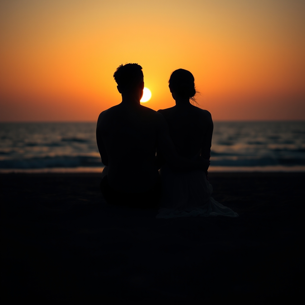 دوتا عاشق در بغل همدیگر نشسته در لب ساحل و غروب آفتاب را تماشا می‌کند 
نمای عکس از پشت باشد و یک وایب تاریک ه غروب آفتاب را نشان می‌دهد22