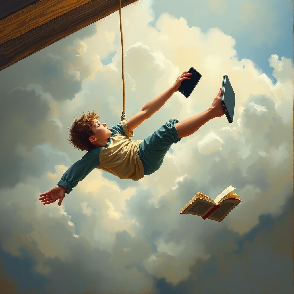 یه تصویر میخوام که یک نوجوان به جای اینکه بره سمت کتاب عشق موبایل و لب تاپ اون از درس دورمیکنه وبه سمت موبایل لب تاپ می کشونه از طریق جاذبه زمین میخوام جاذبه زمین نقش داشته باشه یه کششی که نوجوان به سمت موبایل ولب تا پ می بره نوجوان در فضا معلق به طرف گوشی وموبایل میره از کتاب دور میشه
22