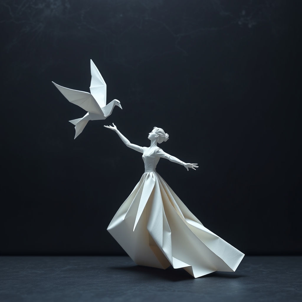 The image depicts a surreal scene with a woman in a flowing dress, her arms outstretched, reaching towards a white, ethereal bird. The background is dark, creating a stark contrast with the luminous bird and the woman's dress.2