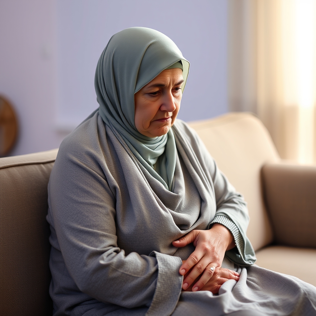 یک خانم باحجاب میانسال که غمگینه روی یک مبل نشسته و دستش رو روی کمرش گزاشته از نمای دور0