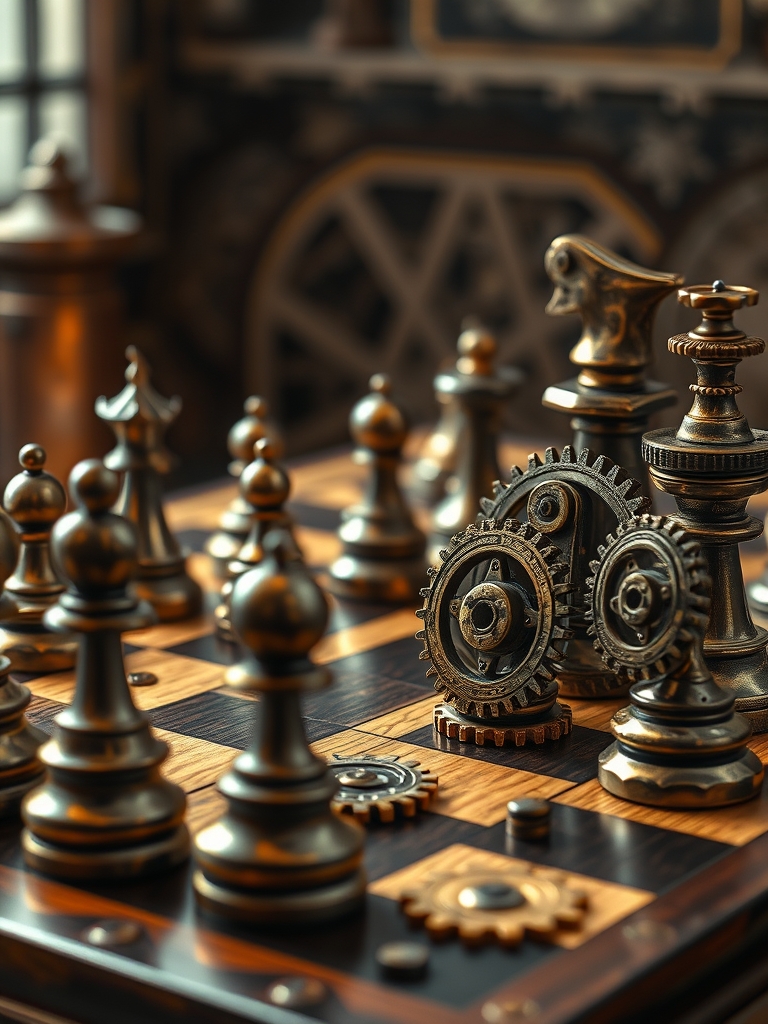 یک صفحه شطرنج به سبک استیمپانک با مهرههایی به شکل چرخدندهها.10