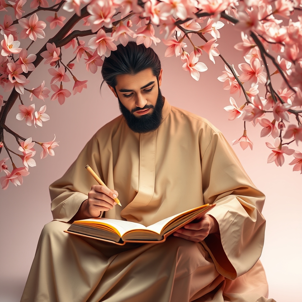 یک شاعر نشسته زیر درختی پرشکوفه، در حال نوشتن در دفترچه‌ای طلایی.0