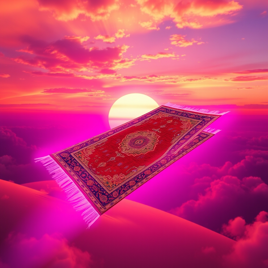 یک قالی ایرانی که به یک قالی پرنده جادویی تبدیل میشود، در آسمان غروب طلایی.2