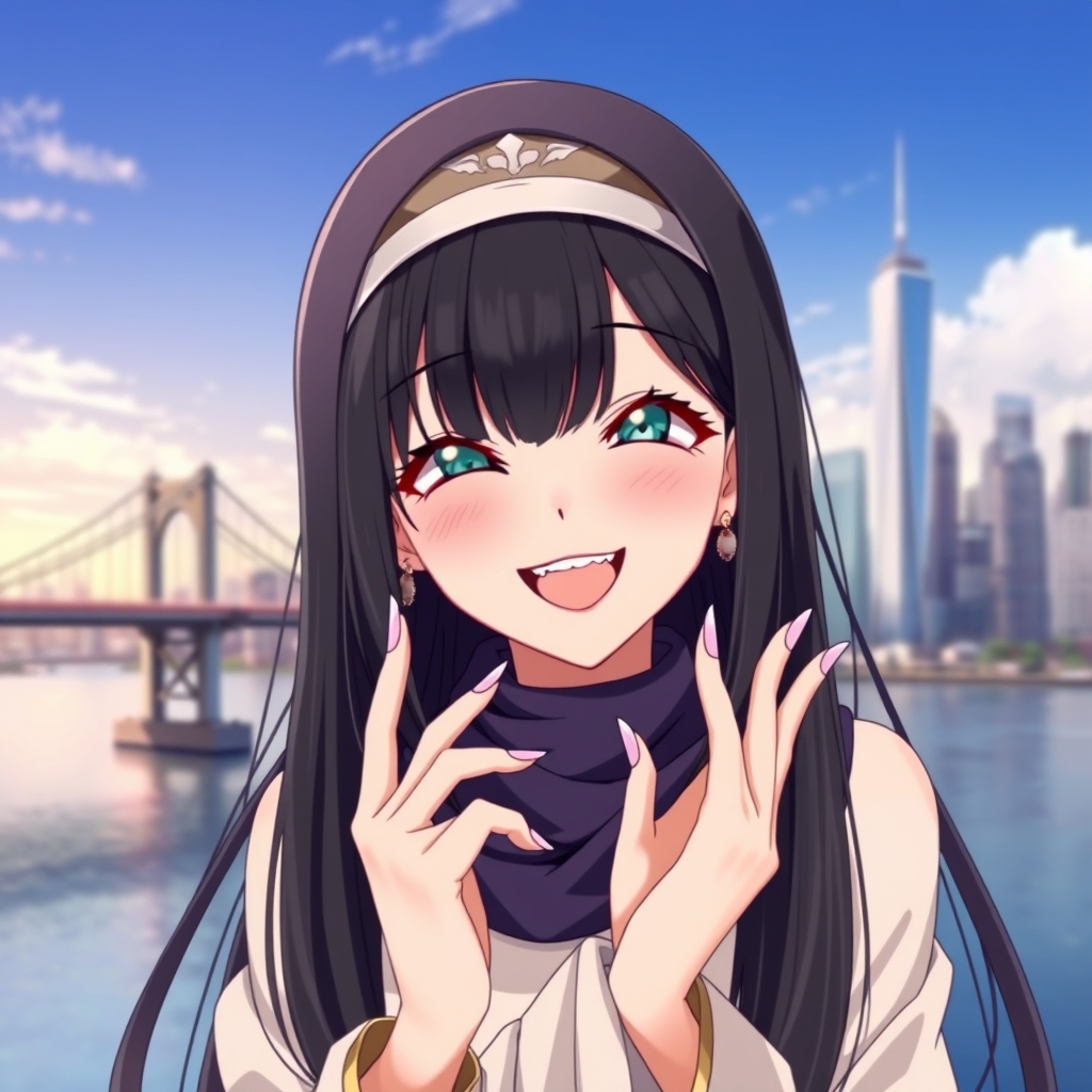 دختر زیبایی که درحال خندیدن با موهای دراز و صاف مشکی و ناخن های خیلی دراز و لب براق اکلیلی و آرایش زیبا و چشمان فیروزهای با لباس خیلی زیبا در منظره ی 🌉🗼16