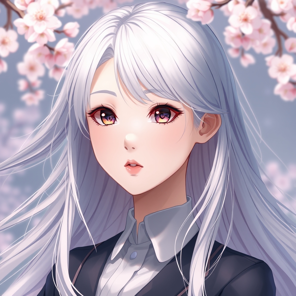 은빛 머리카락을 가진 매우 아름다운 한국 소녀, 약 18세.20