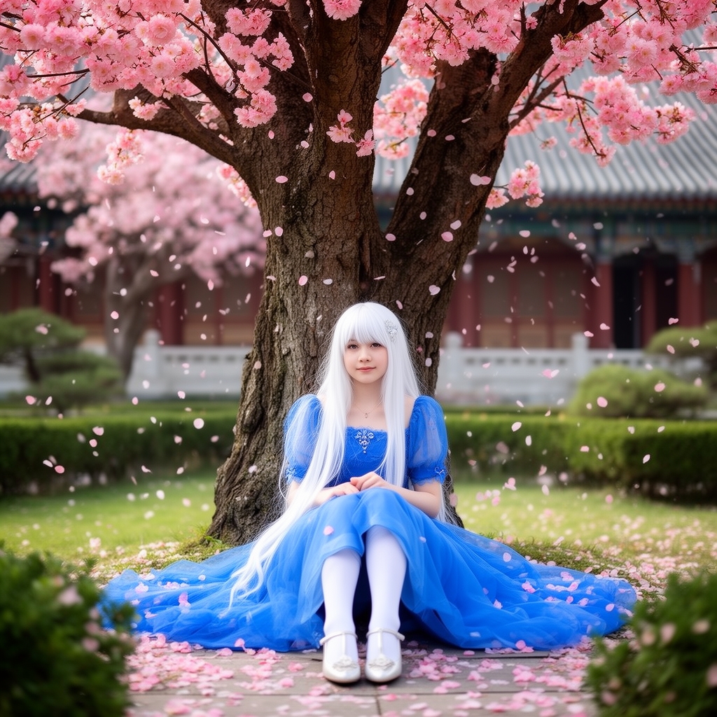 دختری نوجوان ۱۳ ساله ای با موهای سفید بلند و با لباس آبی زیبا به تن کرده است و جوراب سفید بلندی به پاهایشان کرده اند و کفش زیبا به پاهایشان کرده اند . در باغ قصر در زیر درخت بلندی که شکوفه هلو بود نشسته بود و باران گلی در آنجا میبارید. 0