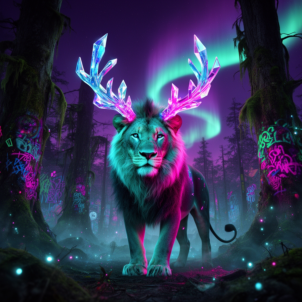 یه شیر با یال های کیریستالی توی یه جنگلی که آسمونش شفگ قطبی هستش0