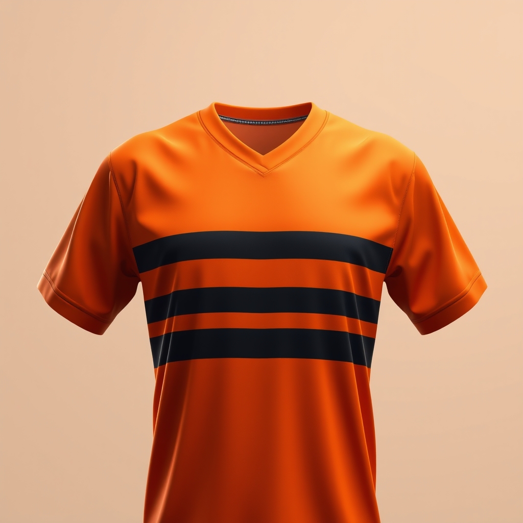 لباس فوتبالی با رنگ نارنجی با سه خط افقی مشکی وست لباس و زیر سه خط مشکی بنویس FERDOSI طوری بنویس که پیدا باشه15