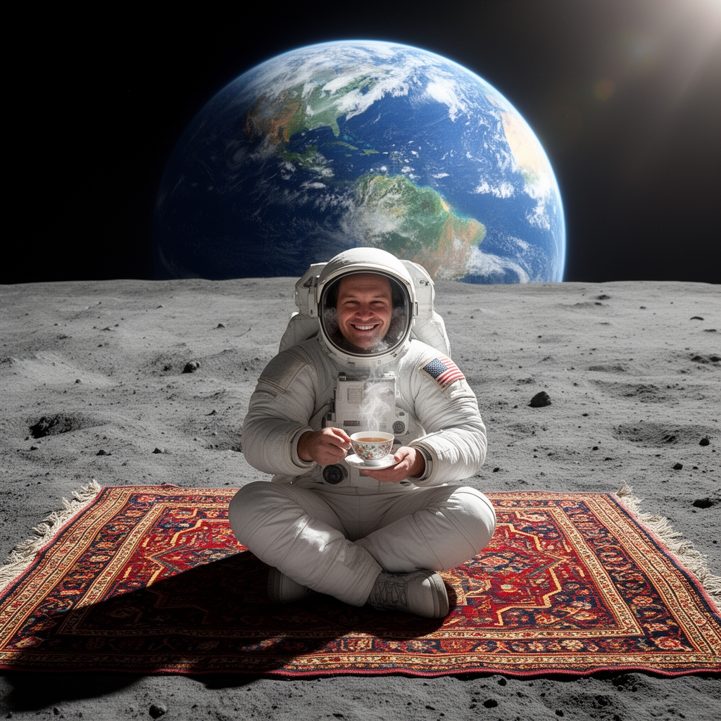 فضانوردی که روی قالیچه ایرانی وسط سطح کره ماه نشسته و چای می‌نوشد، کره زمین در پس‌زمینه دیده می‌شود، ترکیب طنز و سورئال.2