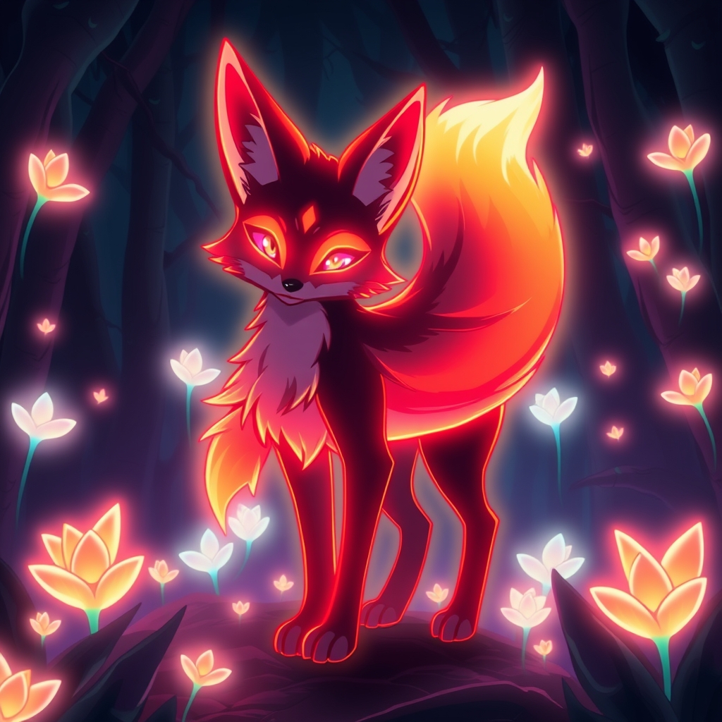 یک روباه نئونی درخشان در جنگلی تاریک، احاطهشده توسط گیاهان شبتاب.6