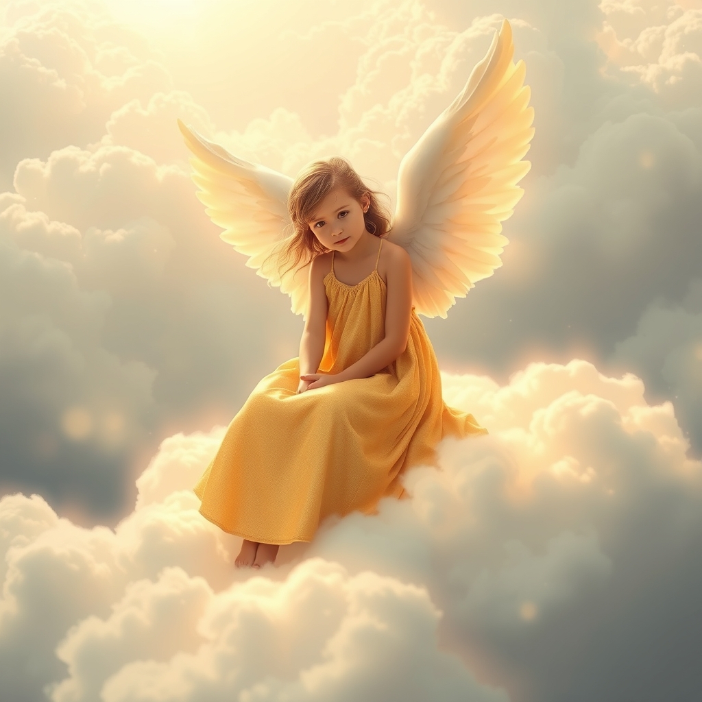 دختری که بال های فرشته داشته باشد و روی ابر ها نشسته باشد و لباسش به رنگ طلایی باشد و دور ابر اتش باشد14