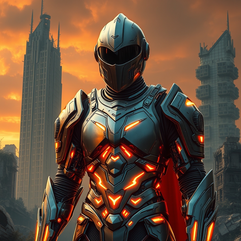 یک شوالیه آینده‌نگر با زره اسکلت خارجی درخشان، ایستاده در دنیایی پسا‌آخرالزمانی.22