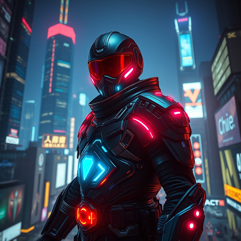 یک جنگجوی سایبرپانک آیندهنگر با زره نئونی، ایستاده در منظرهای از شهر نورانی، پسزمینه شب، با رنگهای زنده و جزئیات زیاد.21