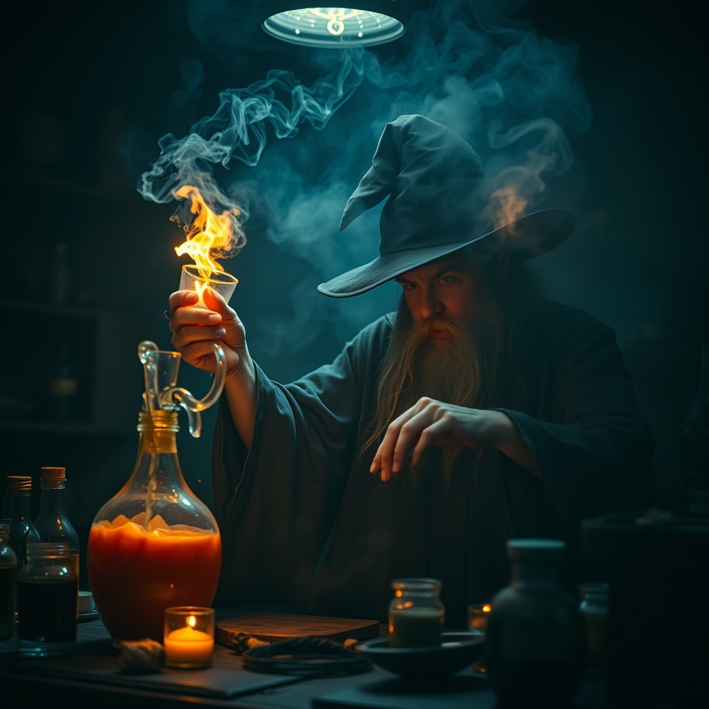 یک جادوگر اسرارآمیز در حال ساختن یک معجون درخشان در آزمایشگاهی تاریک و مه‌آلود.1