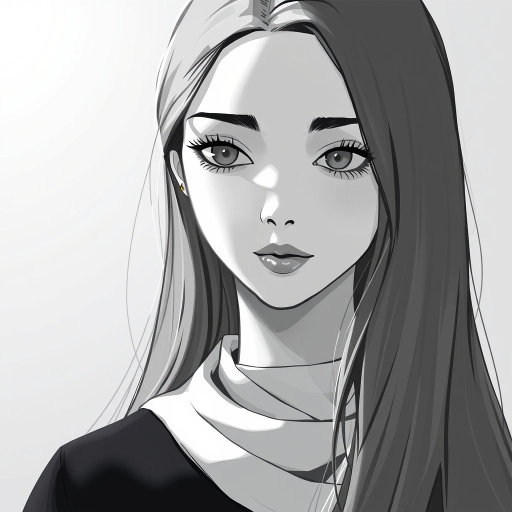 The image is a monochromatic painting of a woman with long hair, depicted in a soft, ethereal style with light and shadow playing across her features.13