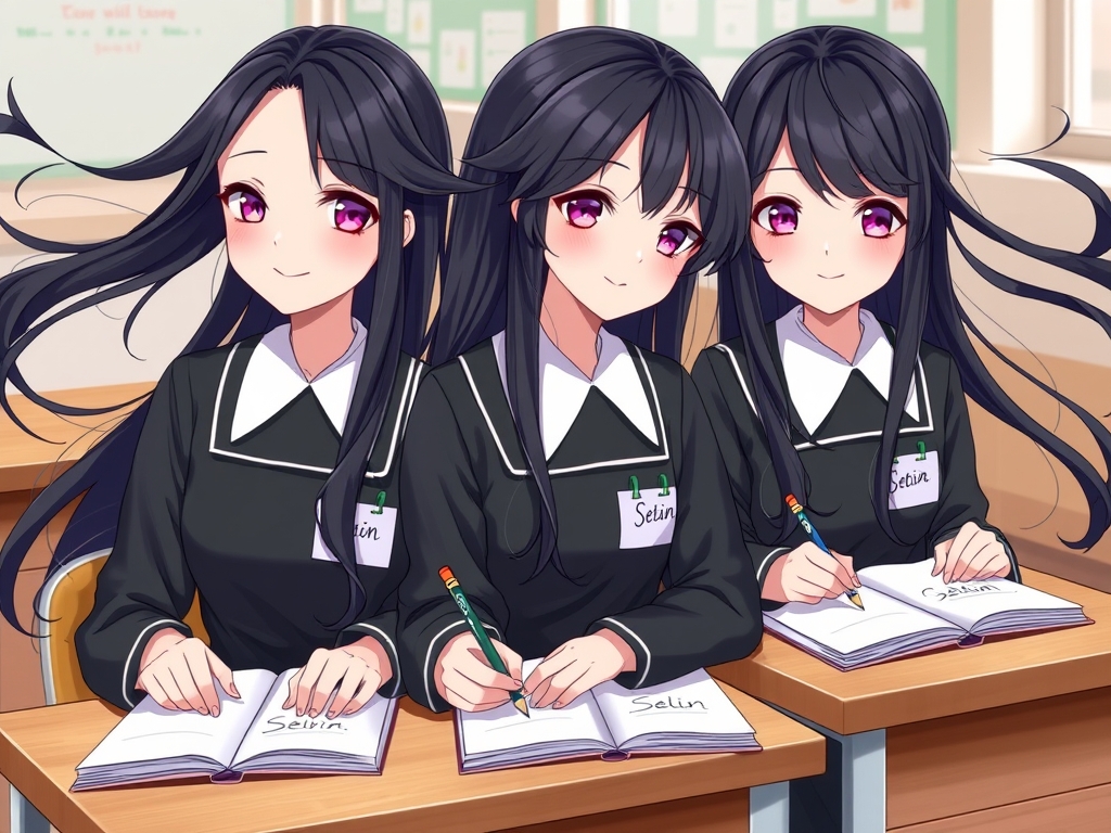 ستین،سوین و سلین، سه خواهر سه قلو و شبیه هم هستند و با موهای بلند و مشکی که در باد می‌رقصید و لباس‌ مدرسه پوشیده اند که سیاه است و لب‌های قرمز و لبخند ملایم‌شان و چشم‌های صورتی‌شان می‌درخشید و سه قلوها کنار هم پشت یک میز نشستند و در کلاس بودند و دفتر نقاشی را باز کردند و مدادهای رنگی‌شان را ردیف کردند و در حال نقاشی کشیدن هستند و با خطوط زیبا روی لباس یکیشون setin و یکیشون sevin و یکیشون selin نوشته شده است20