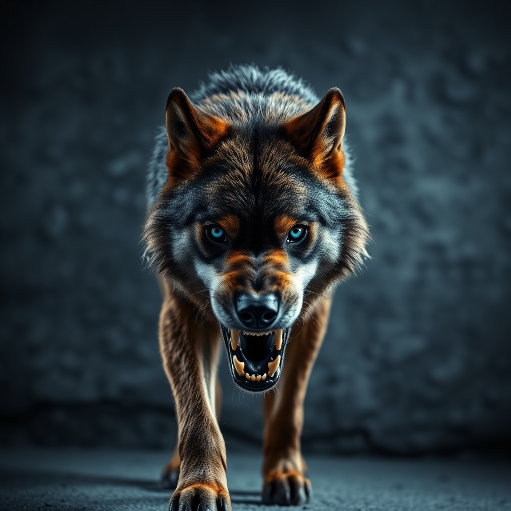 پس زمینه طوسی،یک گرگ خشم گین درحال راه اومد و دندون هاش دیده شود،رنگ گرگ قهوه ای باشد و رنگ چشمانش آبی باشد7