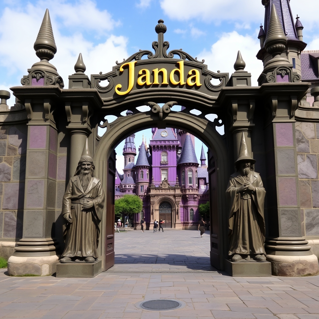 دروازه شهر جادوگران که در بالای آن نوشته شده است جندا.ساختمان های بنفش و بند و زیبا از پشت دروازه معلوم است و دو مجسمه جادوگر در دوطرفه دروازه هستند23