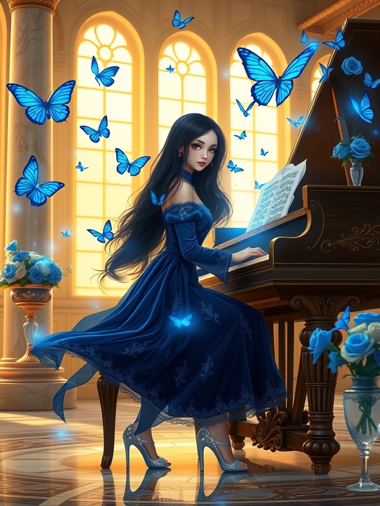دختری ۱۸ ساله ی نوجوان که جادوی آبی دارد و خیلی خیلی زیبا و رویایی با مو های بلند مشکی و چشم های درخشان با پیراهن بلن د با آستین بلند و باز و دامن بلند و با با جزئیات ریز آبی و در حال پیانو و زدن با کفش پاشنه بلند بلورین و در اتاق قصر که پروانه های آبی دو آن می چرخند گل های آبی زیبا وجود دارد و آهنگی زیبا با پیانو می نوازد3