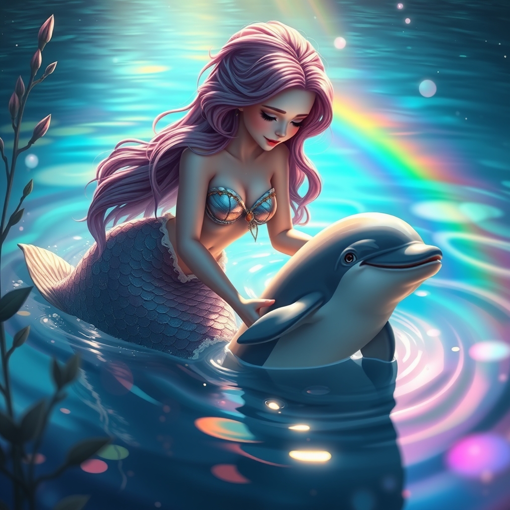 پری دریایی خیلی خوشگل که به دلفینی گوگولی و زیبایی در دریاچه ی رنگین کمانی کمک میکنه15