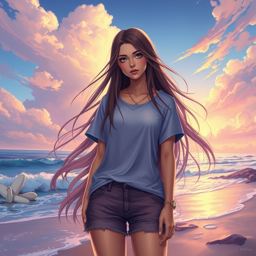 یک دختر با موهای لخت با تیشرت و شلوارک زنانه لب ساحل
11