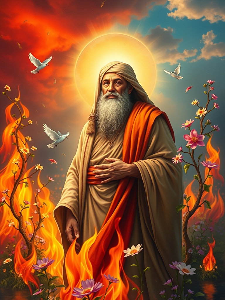 تصویری از حضرت ابراهیم (ع) که در میان شعله‌های آتش ایستاده، اما آتش در حال تبدیل شدن به باغی سرسبز و پر از گل‌های رنگارنگ است. نور الهی چهره او را روشن کرده و حالتی آرام و استوار دارد. پرندگان در میان درختان تازه روییده پرواز می‌کنند و آسمان بالای سر او از سرخی آتش به آبی آرامش‌بخش تغییر می‌یابد.4