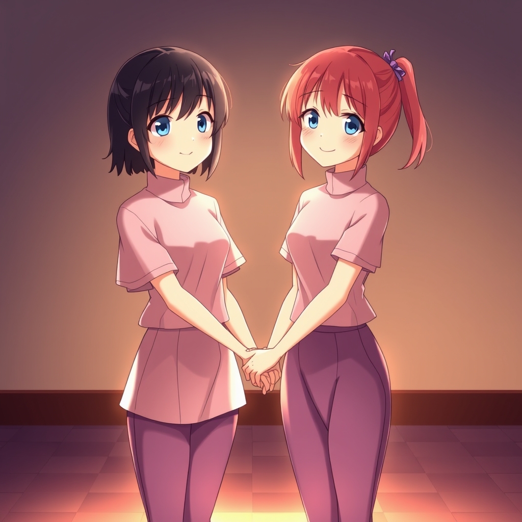 دو دختر دقلو که در کنار هم هستن چشمهایشان آبی وبلوز هایشان صورتی وشلوار بنفش که دست یک درگر راگرفته اند0