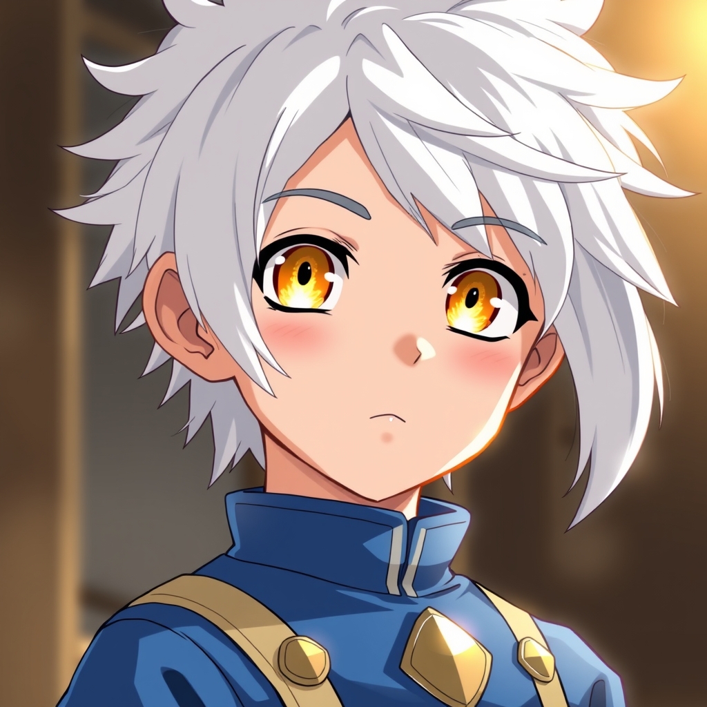 یه پسر ۱۰ ساله با چشم های طلایی لباس ابی و موهای سفید 0