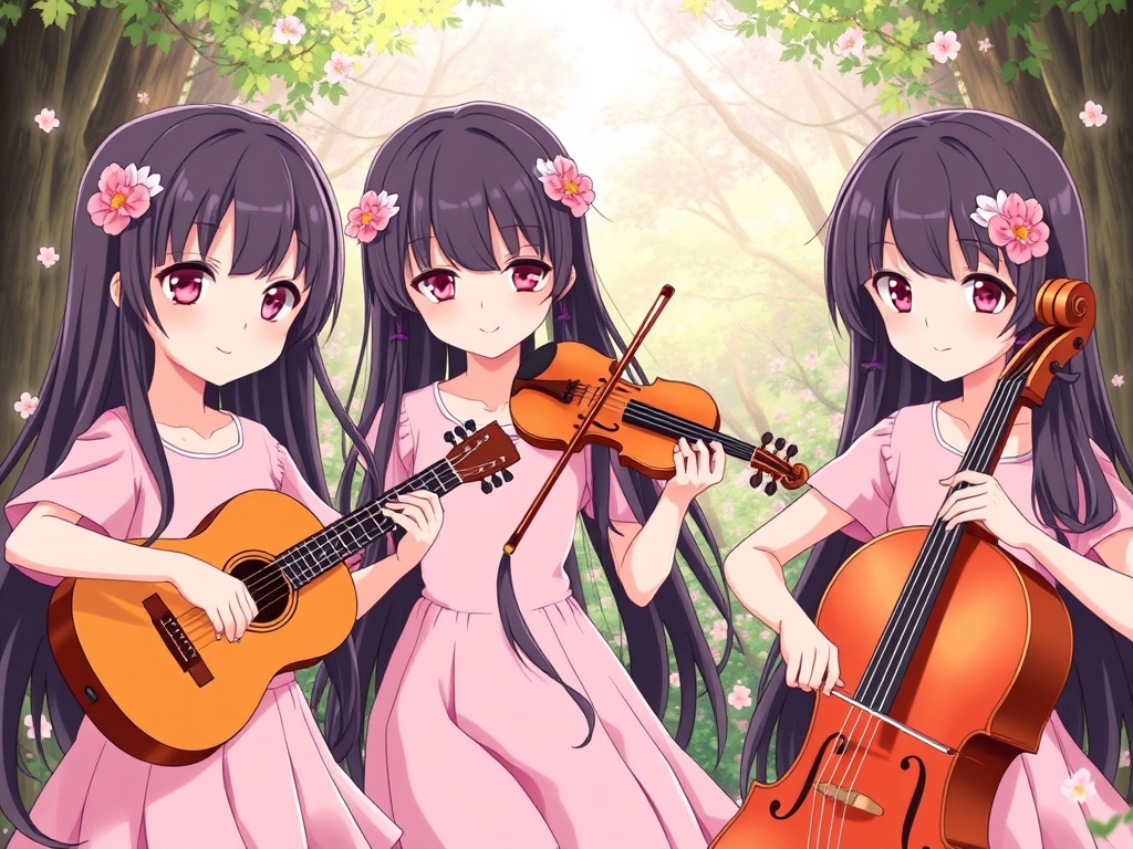 عکس سه تا دختر شبیه  سه قلو به هم با مو های خیلی بلند و سیاه دارند و هر سه تاشون روی مو هایشان گلسر های صورتی به شکل گل دارند  و چشم های صورتی  و لب های سرخ و لبخندی ملایم و لباس های هر سه تاشون صورتی است که یکی گیتار می نوازد و یکی ویولن می نوازد و یکی  می نوازد و در حال نواختن ساز هایشان هستند و پشت آنها جنگل پر از گل است
19