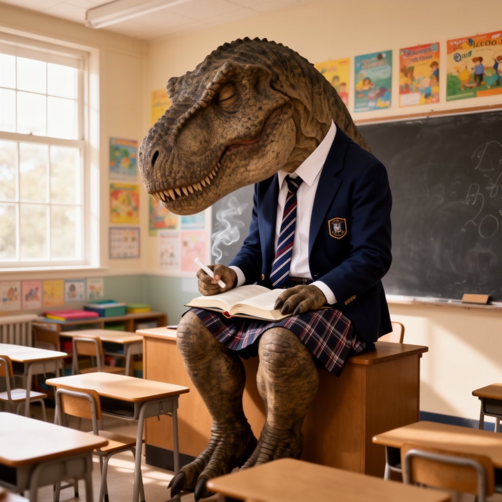 یک تصویر بسیار واقع گرایانه از یک tyrannosaurus rex که در مدرسه است و لباس مدرسه پوشیده است و در آخرین میز درحال درس دادن معلم ، خوابیده است0