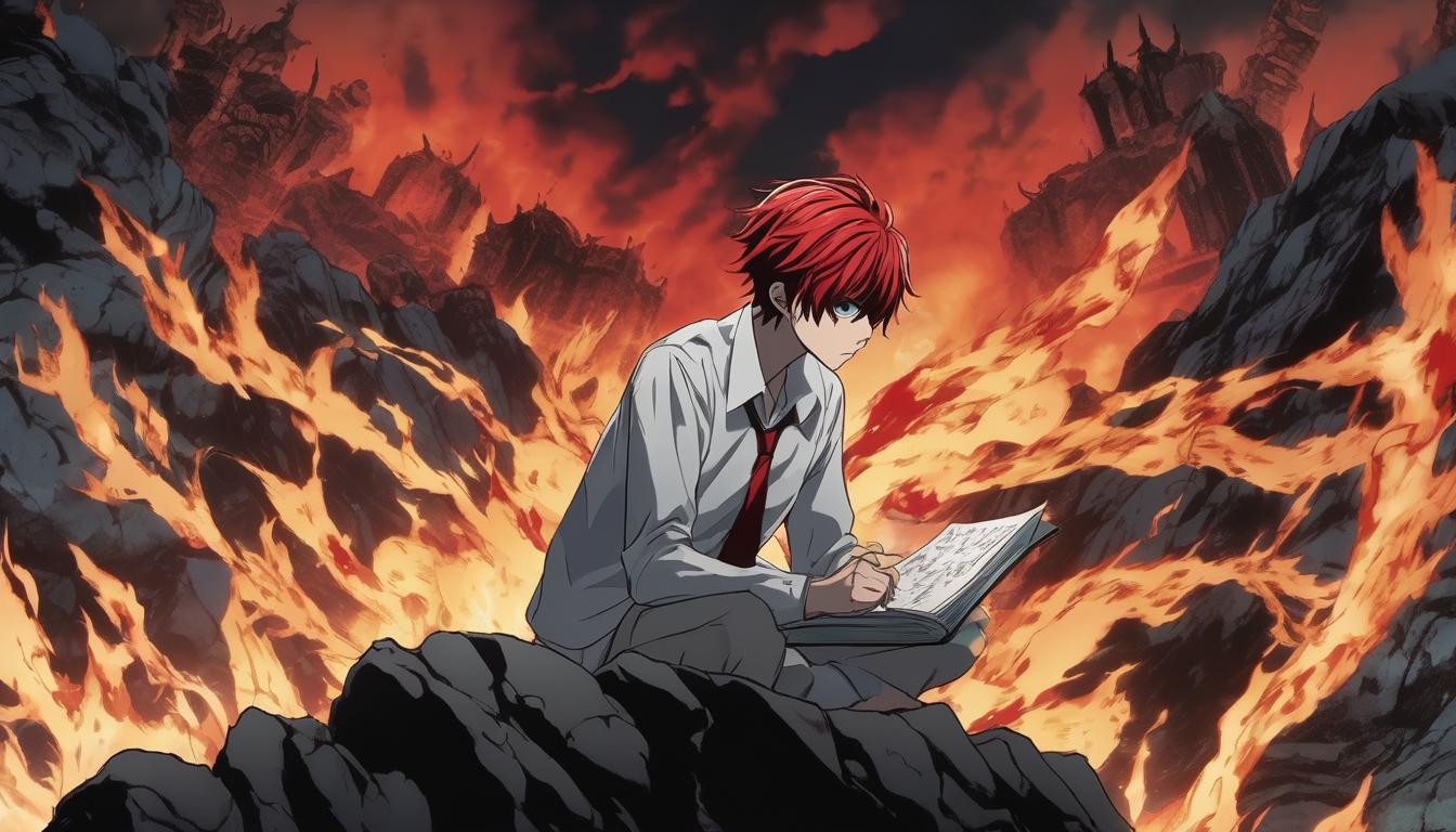 پسری با خصوصیات ظاهری:(سرخ مو قد بلند و کت و شلوار پوشیده با چشمی سرخ و نورانی از خون) در بالای صخره ای اسستاده و دفترچه ای در دستش است که روی آن نوشته(death note) پشت پس آتش در حال سوختن است و اطراف پسر پر از سایه شیاطینی سیاه است 3