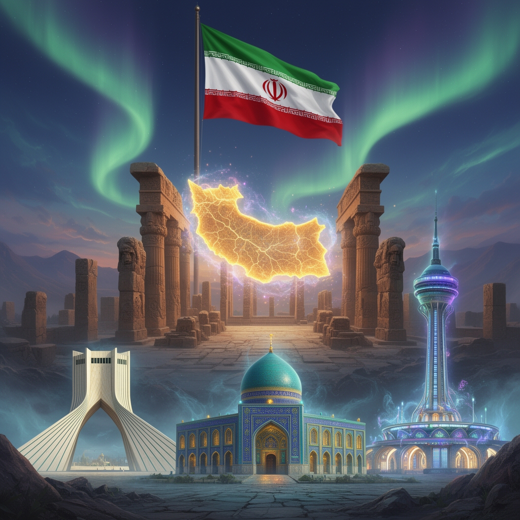 تصویر از ایران در پایین عکس برج آزادی ، حرم امام رضا ، برج میلاد و در بالا تصویر پرچم ایران و در وسط تصویر تخت جمشید به همراه نقشه ایران در عکس باشد2