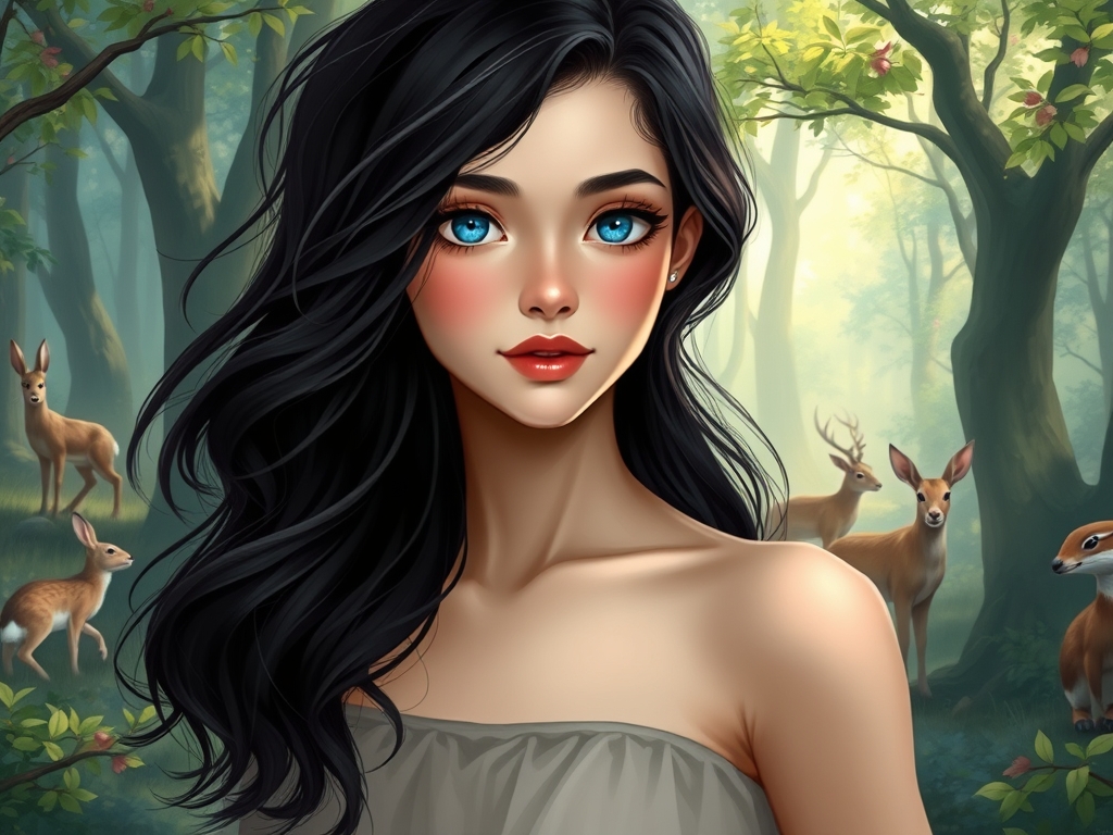 یک دختر با مو های مشکی موجی کم  و پر پشت با لب های صورتی پفکی وچشم آبی وصورت صاف و سفید وزیبا در جنگل با حیوانات پشت ان3