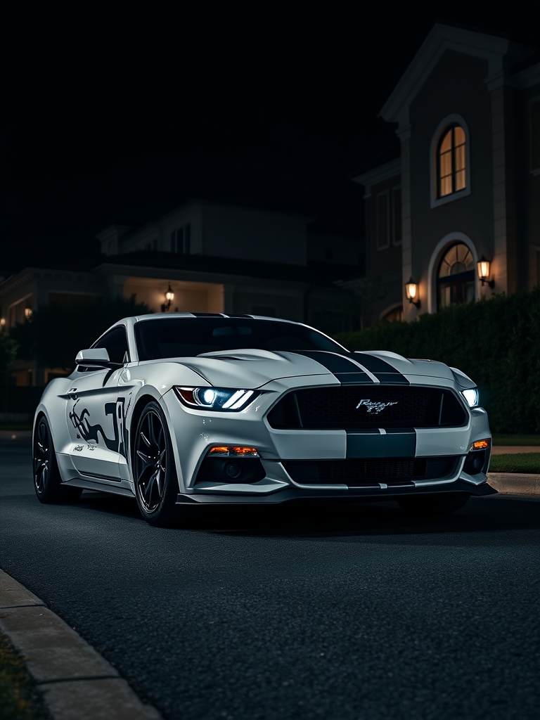 یک فورد موستانگ سفید با طراحی های اسپرت روی بدنه و چراغ های سفید در شب 
در یک خیابان تاریک خانه ها ویلایی 
پارک شده کنار در یک ویلا 22