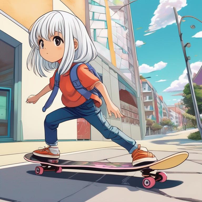 یه دختر که موهاش سفید - حدود ۱۲ سالشه - روی اسکیت برد داره حرک میره13