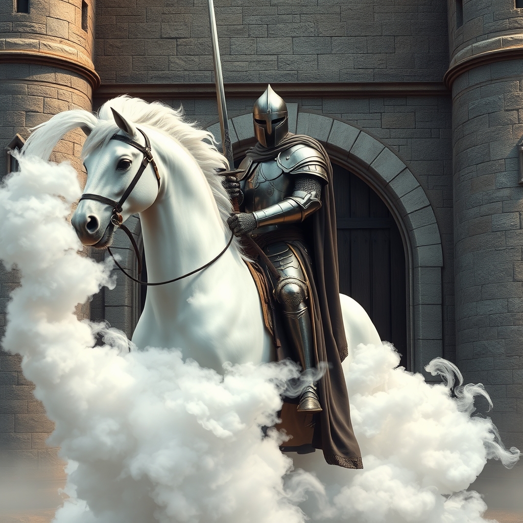 یک شوالیه ایستاده شمشیر به دست سوار بر اسب ابر جلوی دروازه یه قلعه 8